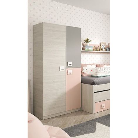 Pegane – Armoire enfant 2 portes blanc alpes / rose – Dimensions 200 x 90 x 52 cm – Grand espace de rangement – Design moderne