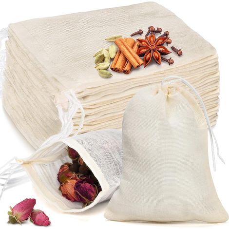 40 Sachets en mousseline avec cordon, sachets réutilisables pour thé, sachets pour épices pour cuisiner soupe/herbes/thé en vrac, petit sac en gaze de coton naturel pour filtration, sachets vides, 4 x (1/5)