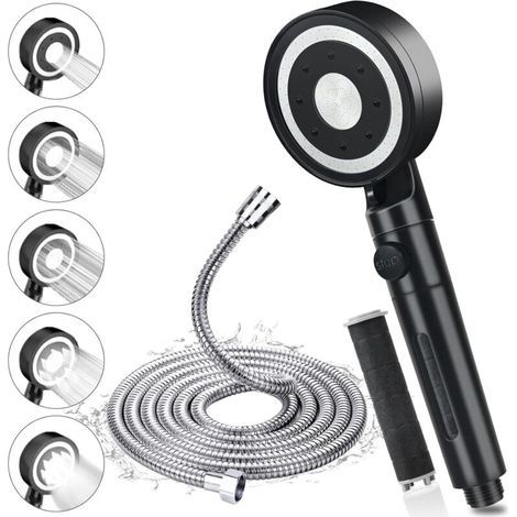 Soffione doccia nero ad alta pressione con 5 tipi di getto, incluso tubo flessibile in acciaio inox (304) lungo 1,5 m, soffione doccia anticalcare a risparmio idrico, soffione doccia con filtro e vari (1/5)