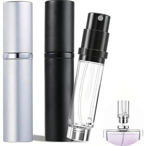Sollbry 2 Pièces Vaporisateur Parfum , Mini Vaporisateur Parfum 10 ml en Aluminium, Atomiseur de Voyage Noir et Argent, pour Voyages, Rencontres, Cadeaux (1/5)