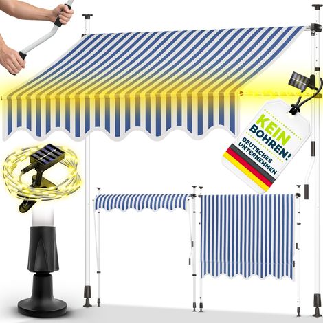 tillvex Tenda da sole a morsetto 250 cm blu/bianca con LED solare e manovella per balcone  Tenda da sole per balcone senza forare  Tenda da sole resistente ai raggi UV e regolabile in altezza  Protezi