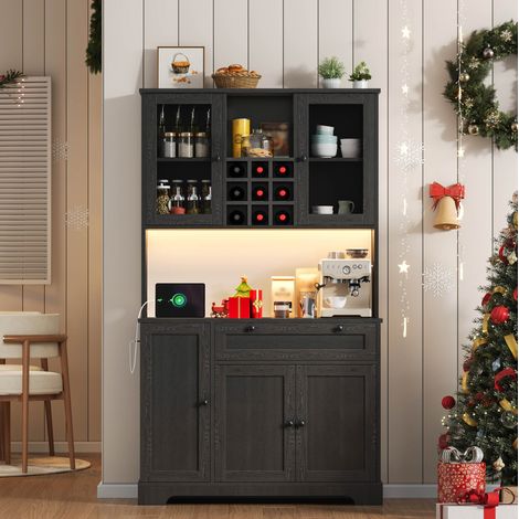 Aparador de cocina 180x105x40 cm negro en MDF con LED, enchufe, estantes ajustables y botellero (1/5)
