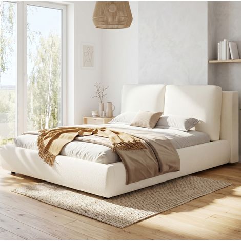 Letto imbottito matrimoniale 160x200 cm, Bouclé beige, rete a doghe, contenitore sottoletto con sollevamento idraulico, testiera spessa (1/5)