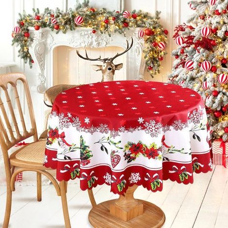 Nappe de Noël ronde de 150 cm avec flocons de neige et Père Noël - Décoration de Noël imperméable - Motif floral pour pique-nique, (1/5)