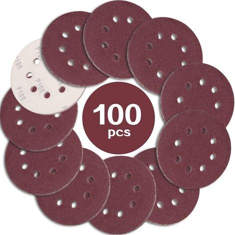 100 Sanding Discs 125mm, Grit 100, 8 Holes, Aluminum Oxide, For Random Orbital Sanders (1/5)