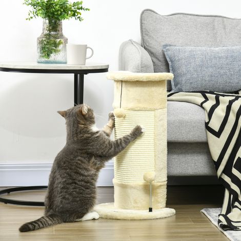 Griffoir pour chat d’arbre jusqu’à 5 kg avec 2 balles - 34x25,5x58cm - tapis de sisal et couverture moelleuse - beige