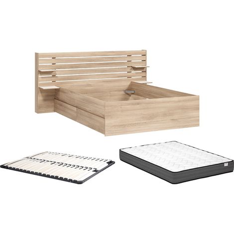Vente-Unique – Lit 140 x 200 cm avec rangements – 2 tiroirs et 4 étagères – Panneau mélaminé naturel – Matelas ressorts ensachés 140 x 200 cm