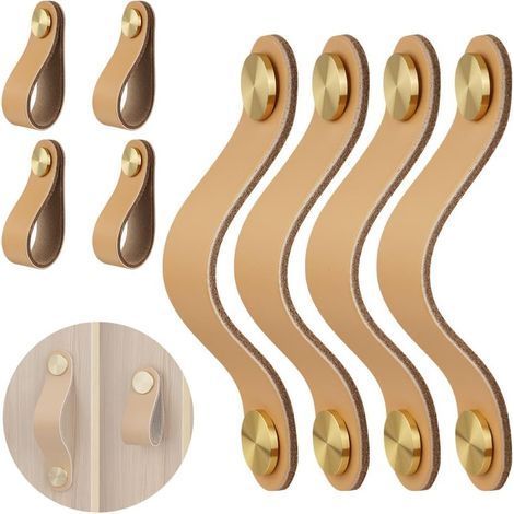 Lot de 4 Poignée Meuble Cuir, Distance 96mm, Cuivre, Pour Cuisine Salle de Bain Commode (1/5)