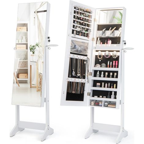 COSTWAY Armario de Joyas de Pie, Organizador de Joyas con Espejo de Cuerpo Entero, Organizador de Joyería con Luces LED de 3 Colores, Soporte para Secador de Pelo y Almacenamiento de Joyas (1/5)