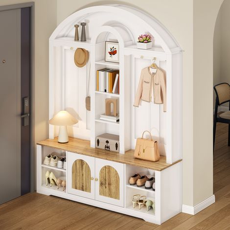 Armoire/meuble d'entrée multifonctionnel avec étagère à chaussures, étagères et crochets. Armoire en MDF robuste, au design moderne et offrant un espace de rangement pratique. (1/4)