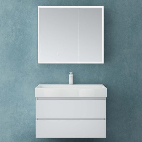 Mai & Mai Armoire de Toilette avec Éclairage LED Armoire Suspendue de Salle de Bain avec Miroir Armoire Miroir Mural 80x15x70 cm Blanc Mat SpiegelSR-04