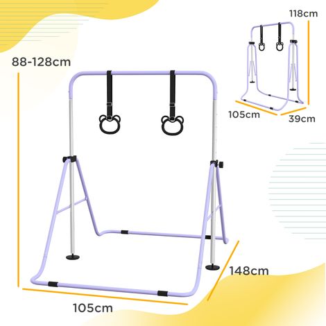 Barre de gymnastique réglable en hauteur pour enfants (avec 2 anneaux), en acier, 148 x 105 x 88-128 cm, violette (1/5)