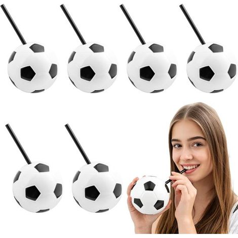Einfache Kunststoffbecher in Fußballform, 6 Stück, mit Strohhalmen und Deckeln, 440 ml (15 oz), Plastikbecher für Sportpartys (Fußball). (1/5)