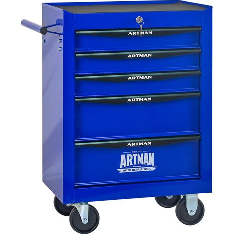 Chariot d'atelier mobile en acier avec 5 tiroirs, 60 x 33 x 77,5 cm, noir et bleu (1/5)