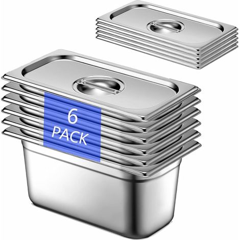 Lot de 6 Plat Inox avec Couvercle, GN 1/3 Bac avec Couvercle, 33 x 18 x 15 cm Bac Alimentaire Inox pour des Fours à Convection, des Chafing Dishes, des Réfrigérateurs (1/5)