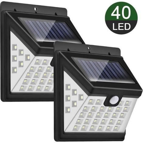 2PCSLampes Solaires à 40 LEDs Jardin Applique Murale Solaires À Trois Côtés Lumière IP65 Imperméable avec Détecteur de Mouvement PIR (1/3)