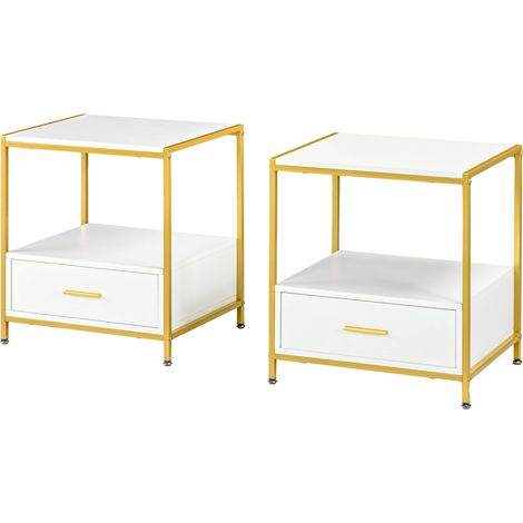 Set 2 Comodini 2 Cassetti 50x40x55 cm in Acciaio e Legno Truciolare Bianco e Oro (1/5)