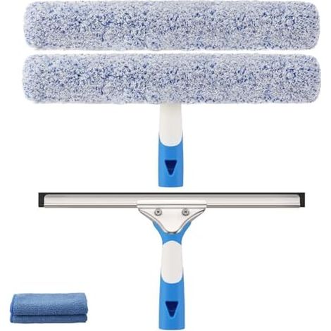 Fensterreiniger Set(35cm), Silikon-Fensterabzieher + Mikrofaser-Fensterwischer, 2-in-1 Fensterputzer, Professionelles Fensterreinigungsset für Bad, Dusche, Fenster, Glas, Spiegel, Auto