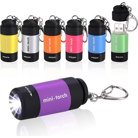 Lot de 7 mini porte-clés LED rechargeables par USB - Torches colorées pour enfants - Pour camping/randonnée, cadeaux en plein air, poches étanches pour sac à dos/ceinture (1/5)