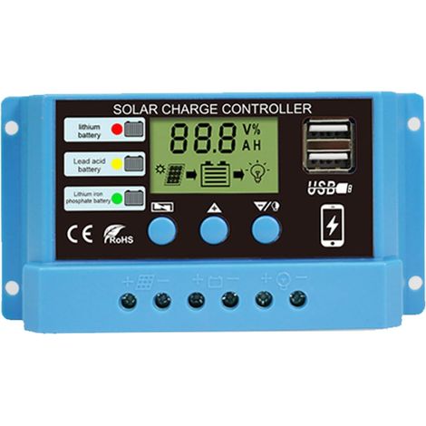 Régulateur de charge solaire PWM 30 A 12 V PV - Contrôleur solaire réglable à écran LCD pour Life-PO4 - Gel lithium-plomb-acide avec deux ports USB (1/5)