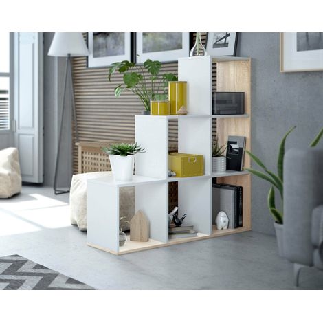 Dmora - Librería Dbarth, Librería de doble cara con 6 compartimentos, Estantería divisoria para oficina, 108x28h110 cm, Blanco y Roble (1/5)
