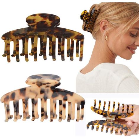 Pinza para el cabello de 9,7 cm (3,8 pulgadas), pinza tipo banana, pinza de carey, pinza para el cabello con estampado de leopardo francés y ácido acético (juego de 2, 2 colores a elegir) (1/5)