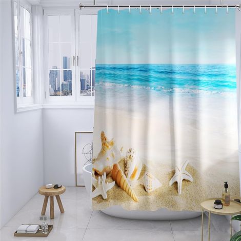 Rideau de douche, motifs d’océan, plage, mer, vagues, étoiles de mer et coquillages, pour baignoire, résistant à la moisissure, en textile, lavable en machine, (l x H) 180 x 200 cm (1/5)