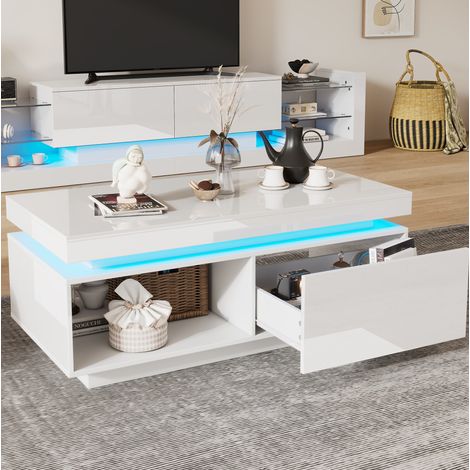 Ensemble meuble TV et table basse en panneaux de particules blanc brillant, 181 cm + 100 cm, LED et 1 tiroir (1/5)