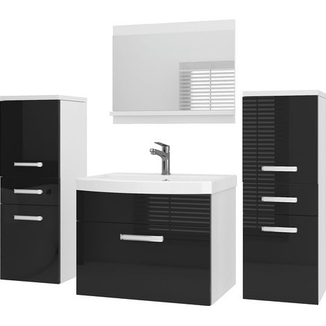 BELINI Badmöbel Set PRI P4 120 cm - Moderner Badschrank mit Waschbecken & Spiegel, Vollausstattung Wandmontage - Schwarz Hochglanz (1/5)