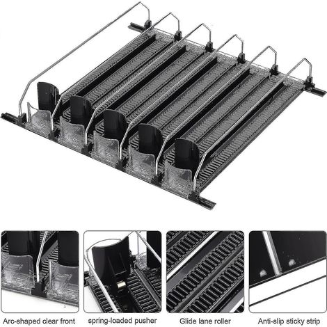Organisateur de canettes de soda à poussoir automatique pour réfrigérateur, grande capacité, en plastique noir, créatif et pratique (contenance : 31 cm).