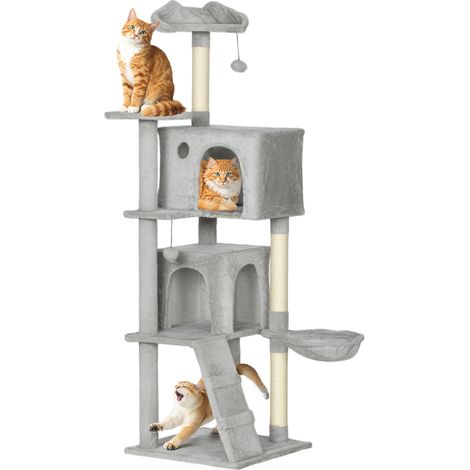 PawHut árbol rascador para gatos 160 cm, con múltiples plataformas, cama, 2 cuevas, hamaca, escalera, postes de sisal, bolas para jugar, gris claro