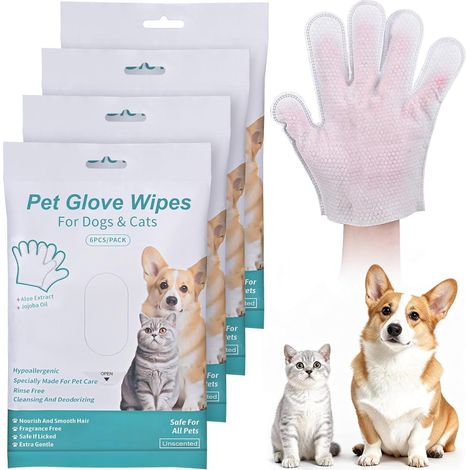 6 x Hypoallergenic Pet Cleaning Gloves - Individual Soft Wipes for Dogs, Cats, Small Animals, Odor Removal, Sensitive Skin Care