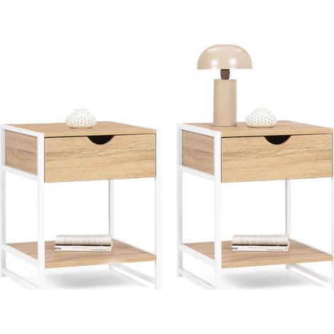 Set di 2 comodini DETROIT, design industriale, legno e metallo bianco