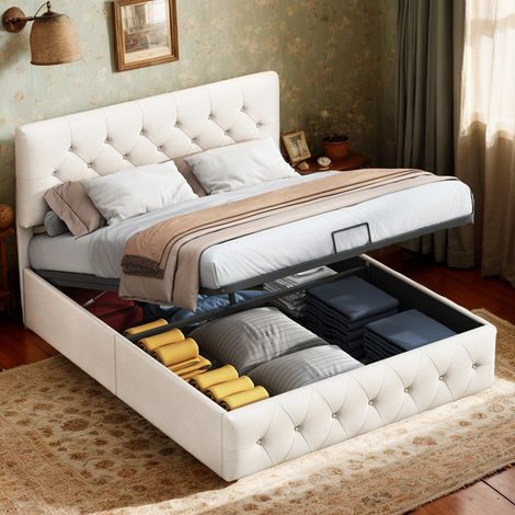 Cama matrimoniales 140x200 con baúl, cama 140x200 cm, cama doble adulto, cama tapizada, respaldo suave, con somier de láminas, tela terciopelo, beige (1/5)