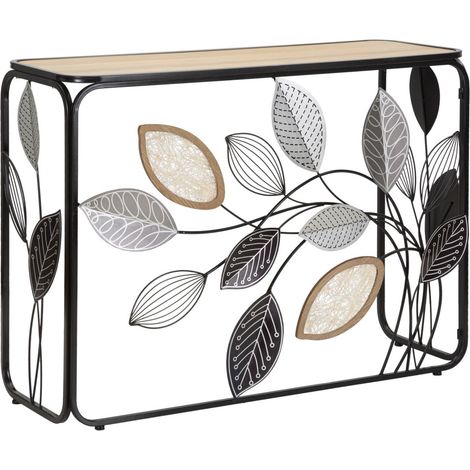 Console Autumn in ferro con decoro foglie e piano MDF