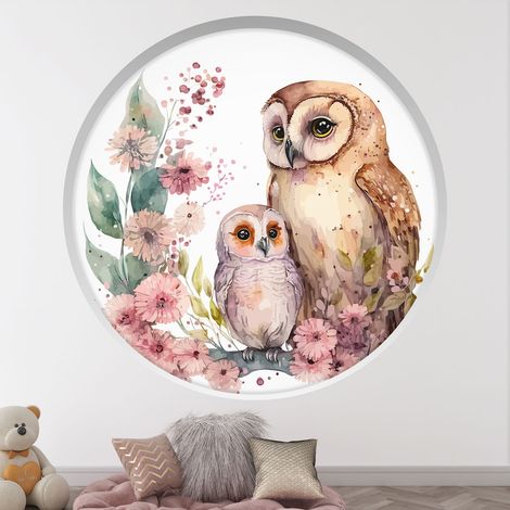 Stickers Trompe l'oeil Arche ronde Enfants - Chouettes - Diamètre 60 cm (1/4)