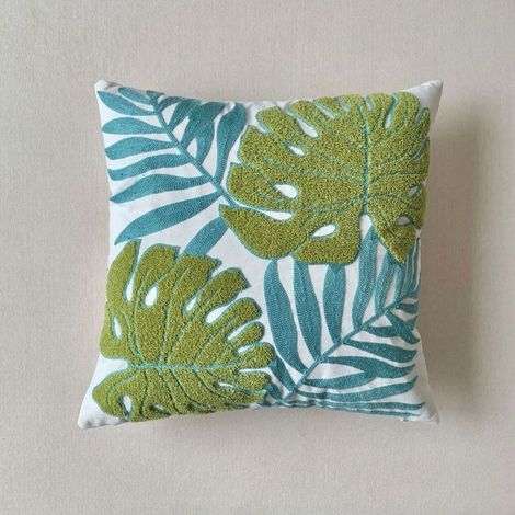 1 housse de coussin brodée, 45 x 45 cm, motif feuilles tropicales vertes, coton doux, décoration intérieure moderne (1/4)
