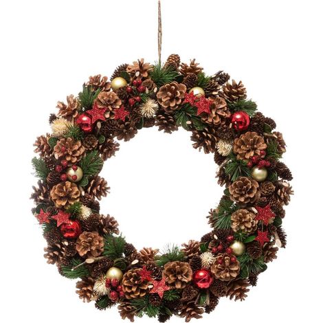 Couronne de Noël avec Houx Pomme pins et Étoiles paillettes D cm - Feeric Christmas SKU Produit  50 93180589 921SDHH04 rouge (1/3)