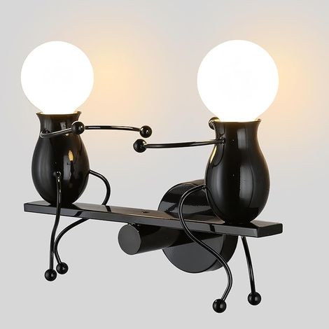 2 Lampes Applique Murale Interieur Lampe Murale Moderne Design Créative Bascule Humanoïde Lampe de Mur Art Déco Éclairage E27 pour Chambre D'enfants, Couloir, Escalier (Noir)