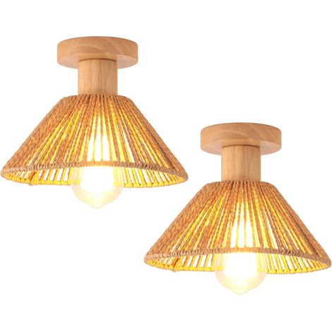 Lot de 2 Plafonnier Rotin Bois Abat-jour Papier Vintage E27 Décor Chambre Couloir (1/5)