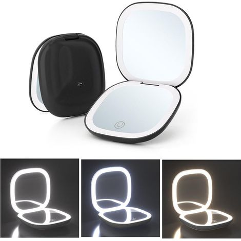 Miroir de maquillage lumineux grossissant x10, à intensité variable, double face, portable, noir (1/5)