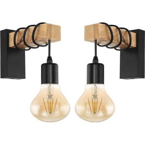 Applique Murale Industrielle MOGOD - Lot de 2 - Bois/Fer - E27 - Convient pour Salon, Chambre, Cuisine (1/4)