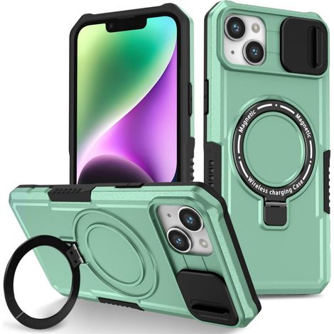 Custodia antiurto azzurra per iPhone 14 Plus da 6,7 pollici – Copertura scorrevole per la fotocamera, compatibile con MagSafe, supporto a scomparsa e anello di fissaggio.