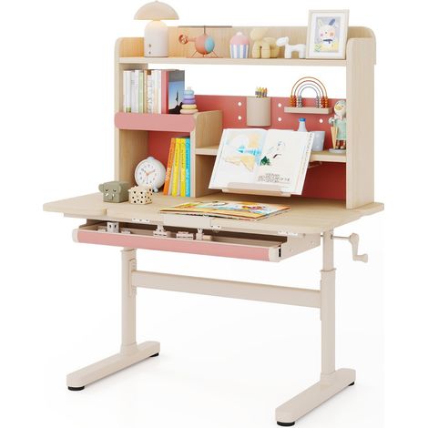 Tavolo da studio regolabile in altezza con piano inclinabile mensole, Scrivania per bambini con libreria e cassetto Rosa (1/3)
