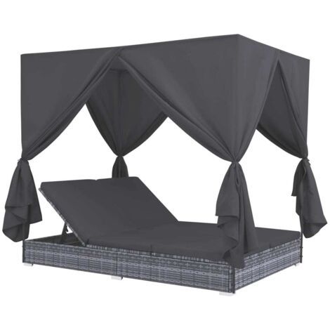 Chaise longue d'extérieur avec rideaux Résine tressée Gris vidaXL