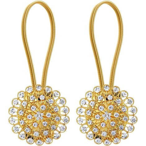 JSSEVN - Set of 2 Crystal Magnetic Curtain Tiebacks - Flower and Diamond Shaped Clips with Elastic Cord - Gold Gypsophila (1/5)