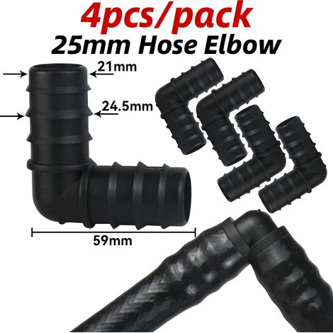 (Coude 25 mm - 4 pièces) 4 raccords cannelés en T et coude pour tuyau d'irrigation goutte à goutte en PE (16 mm, 20 mm et 25 mm) - Bouchon d'extrémité - Extension pour tuyau d'arrosage (1/2" et 3/4") (1/5)