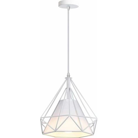 Suspension Luminaire Vintage Lustre Plafonnier Cage en Métal Rétro E27 Lampes de Plafond Forme Diamant avec Abat-jour en Tissu, 25cm, Blanc - Blanc BLOW (1/5)