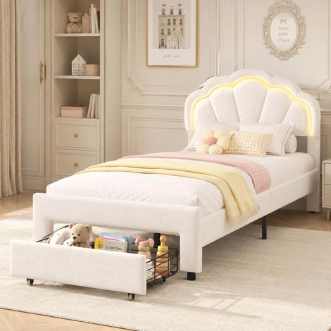 Cama infantil 90x200 cm con 1 cajón de almacenaje, cabecero con diseño de concha y LED RGB, terciopelo, somier de láminas, Blanco (1/5)