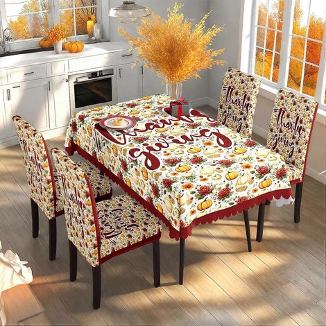 Ensemble nappe et housses de chaises pour Thanksgiving, automne et récolte, TC-287 (nappe imperméable 140 x 210 cm + 4 chaises). (1/4)